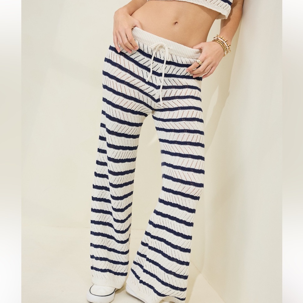 Aerie Pointelle Knit Pants Beach Coverup Natural + Navy Cotton Blend Size Medium - Picture 10 of 16